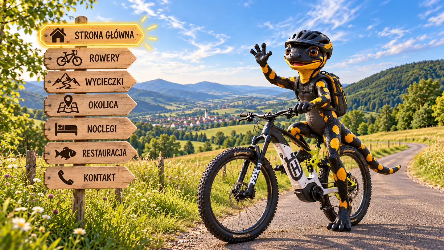 Salamandra na e-MTB wskazująca drewniane menu